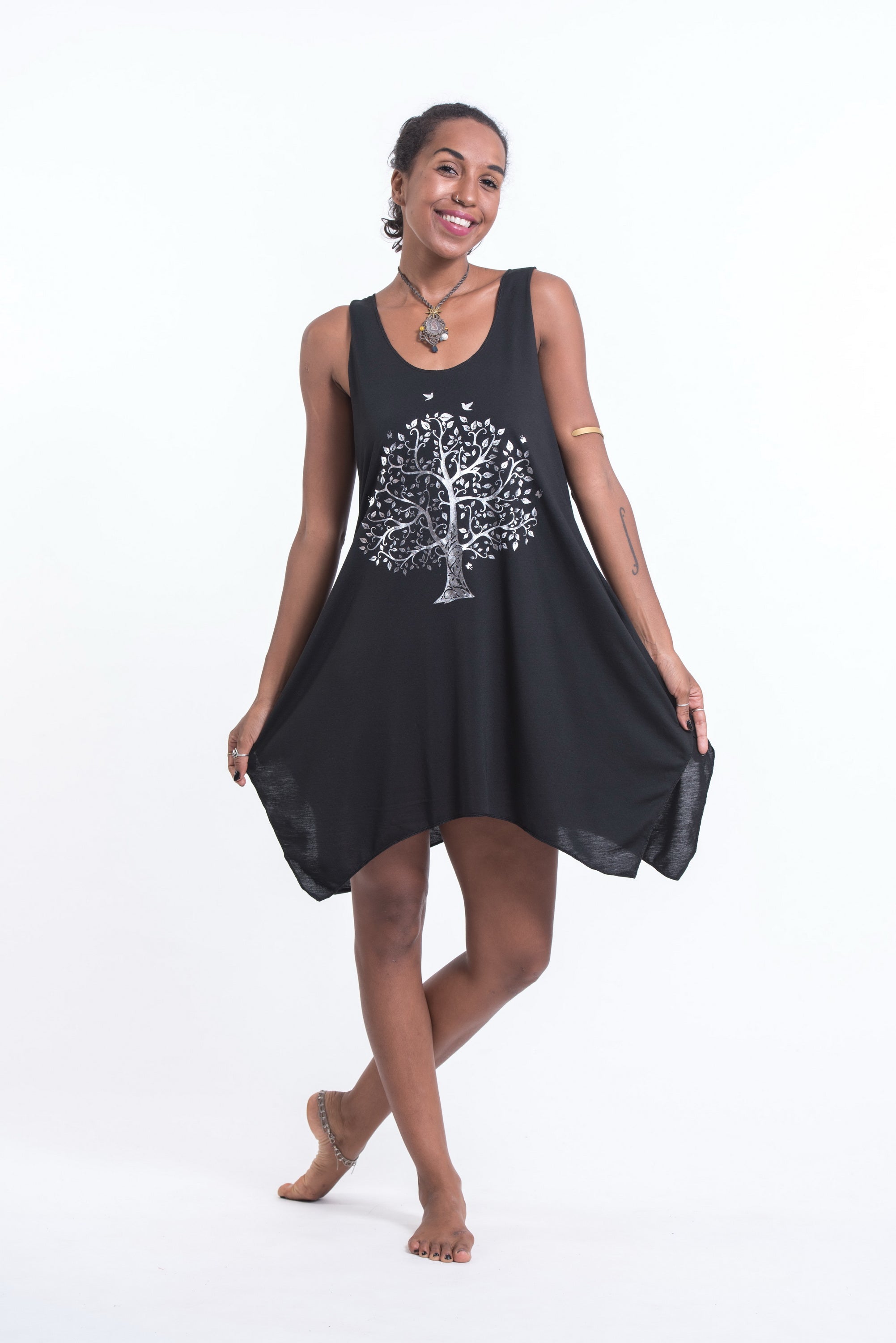 Super Soft Cotton Bodhi Tree Tank Dress Silver on Black