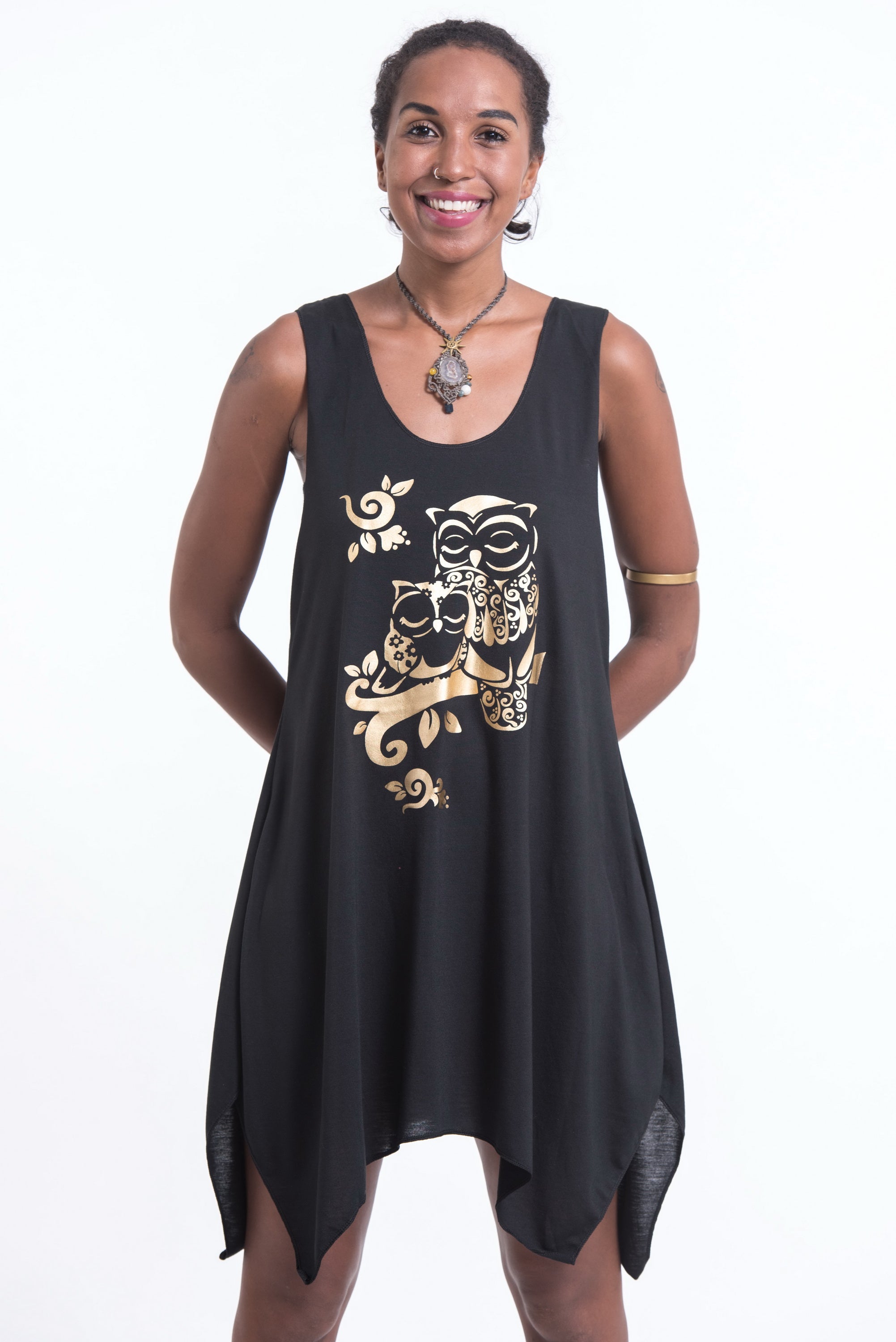 Super Soft Cotton Owls Tank Dress Gold on Black