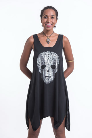 Super Soft Cotton Boho Skull Tank Dress Silver on Black