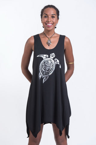 Super Soft Cotton Tribal Turtle Tank Dress Silver on Black