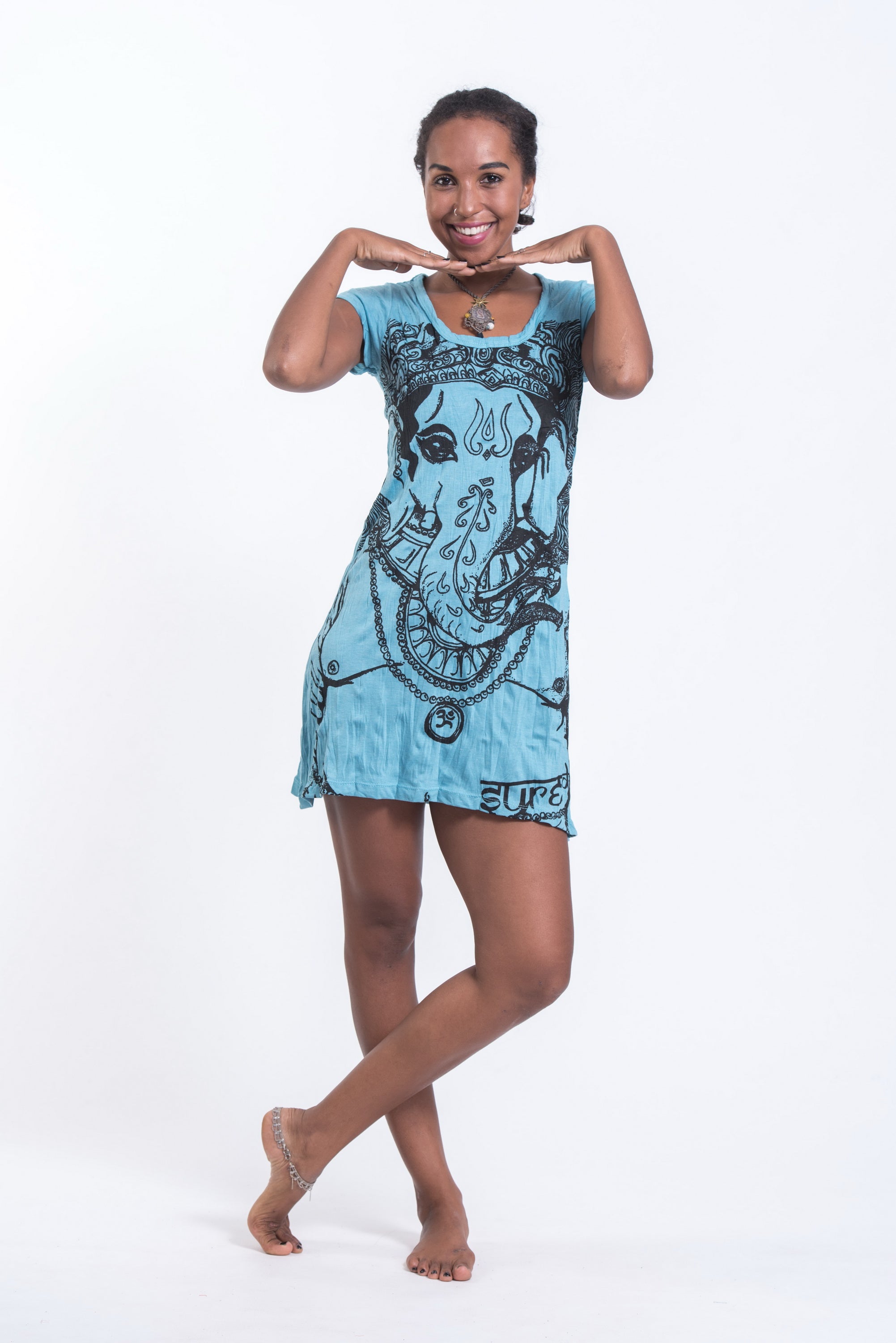 Sure Design Women's Big Face Ganesh Dress Turquoise