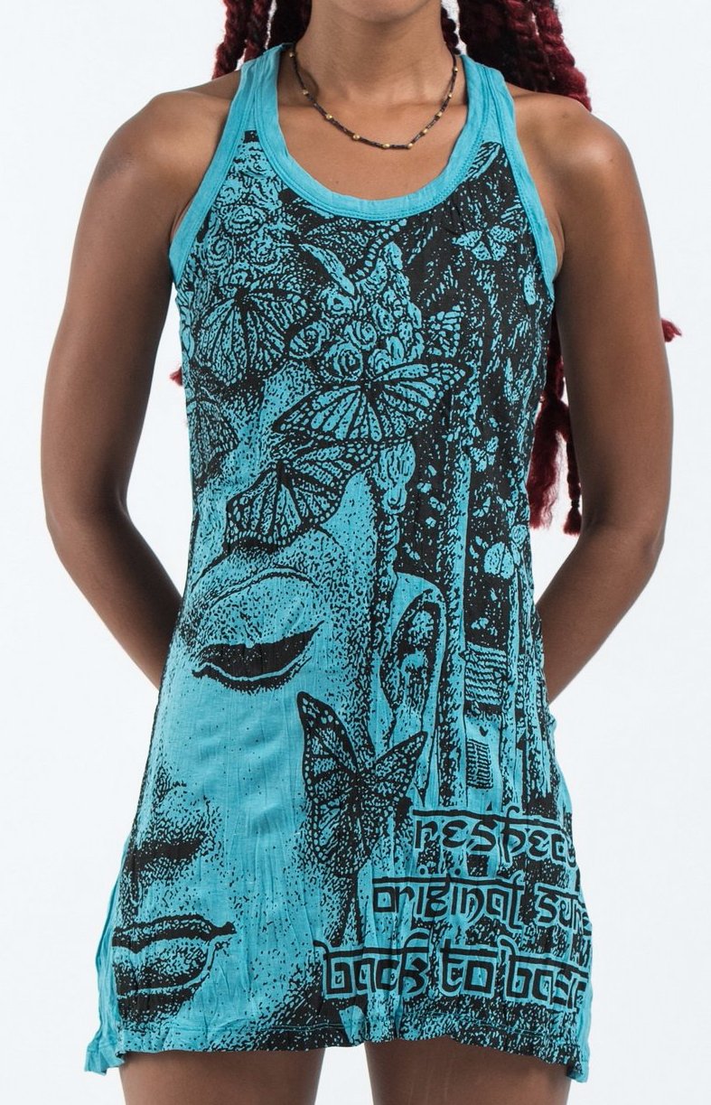 Sure Design Women's Butterfly Buddha Tank Dress Turquoise