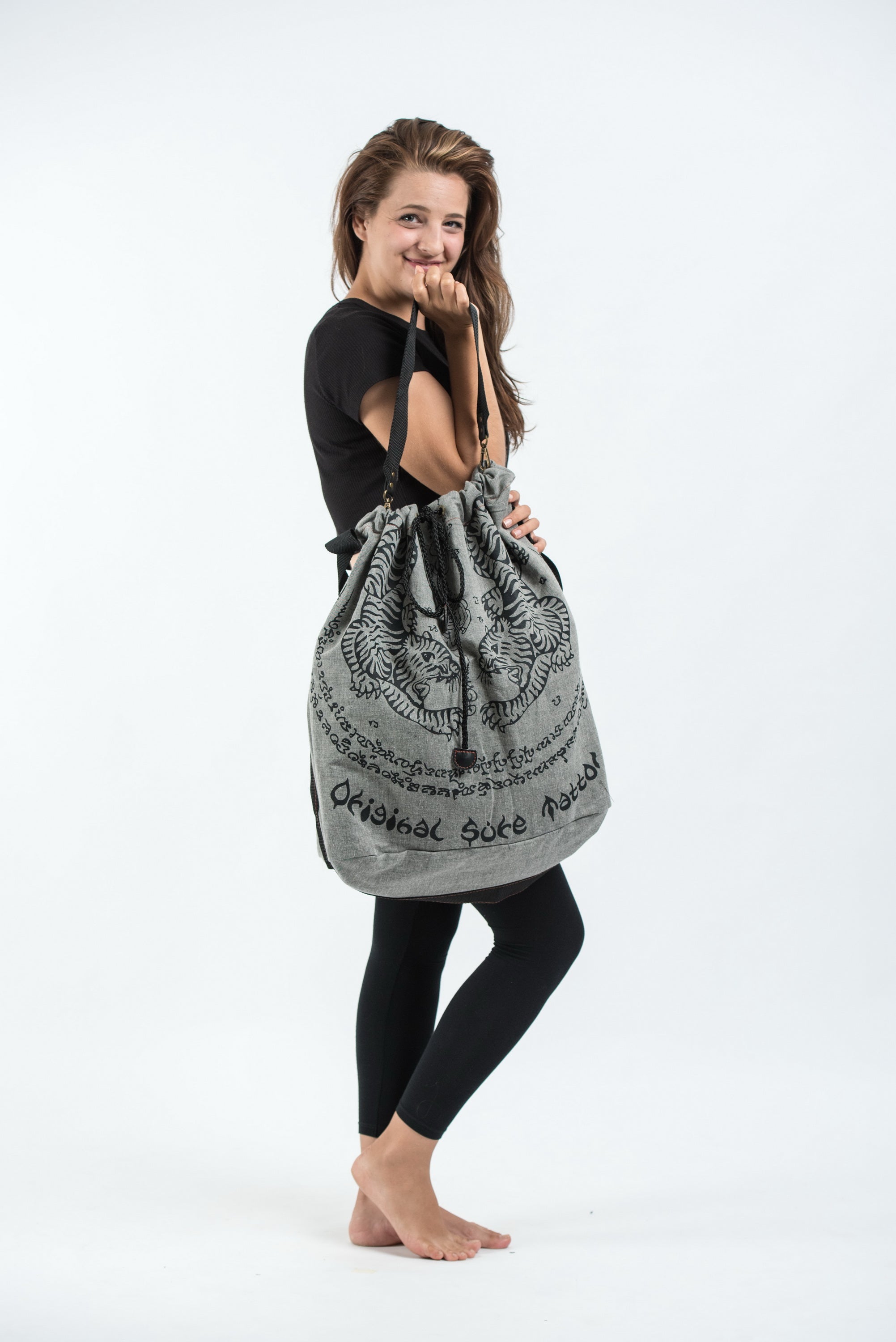 Thai Tattoo Denim Drawstring Tote Bag