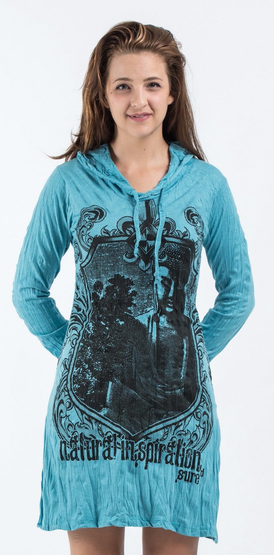 Sure Design Women's Antique Buddha Hoodie Dress Turquoise