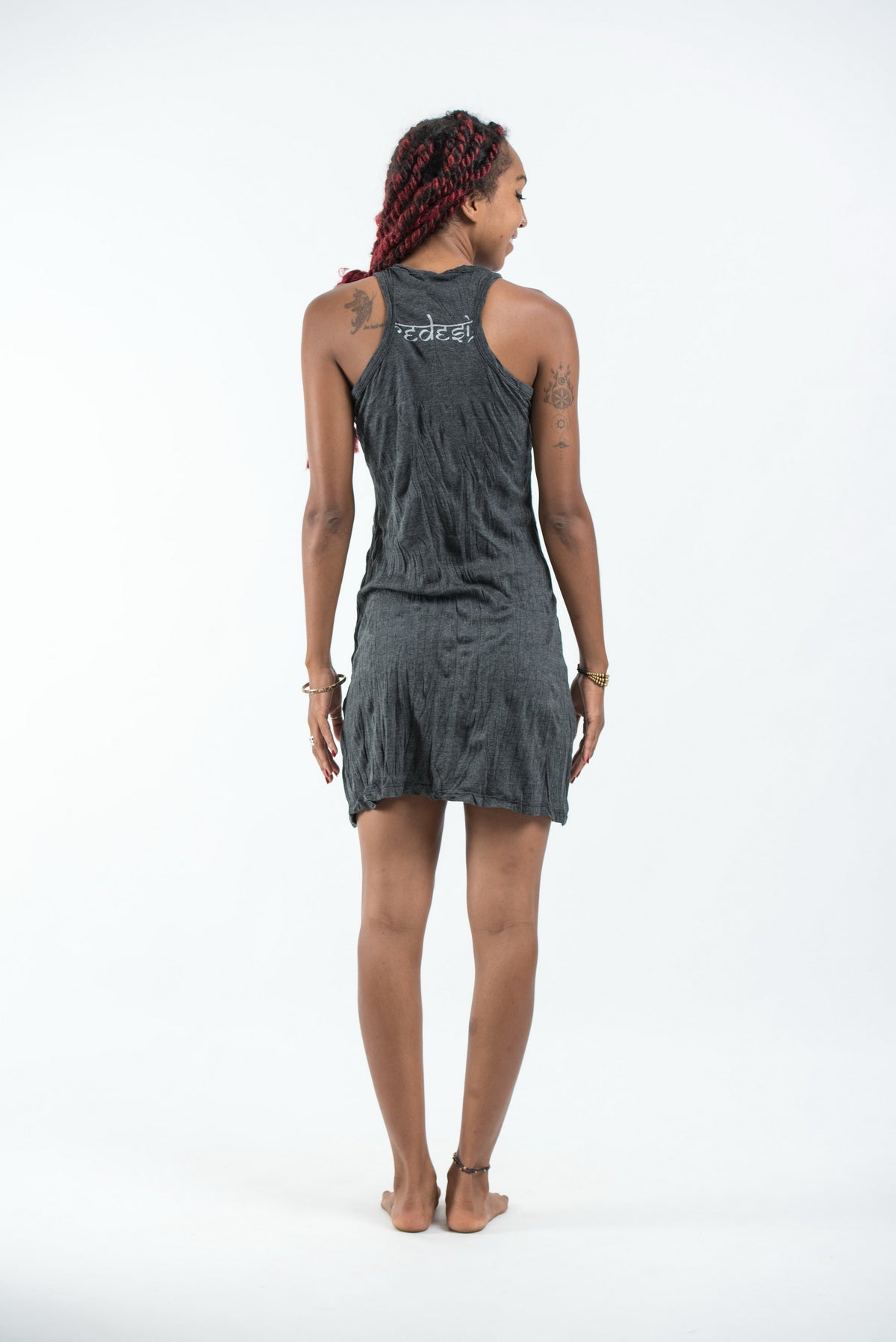 Sure Design Women's Infinitee Yoga Stamp Tank Dress Silver on Black