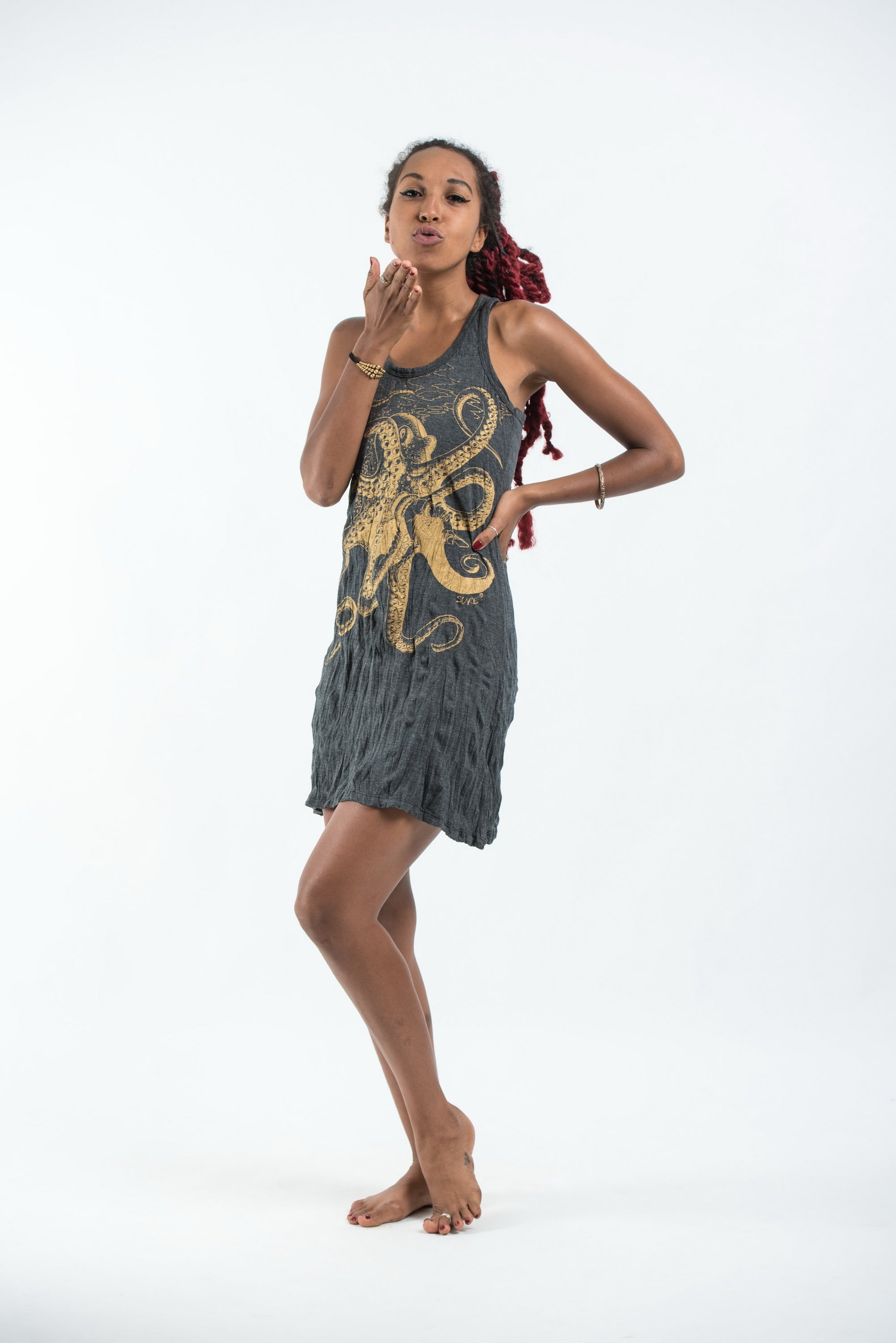 Sure Design Women's Octopus Tank Dress Gold on Black