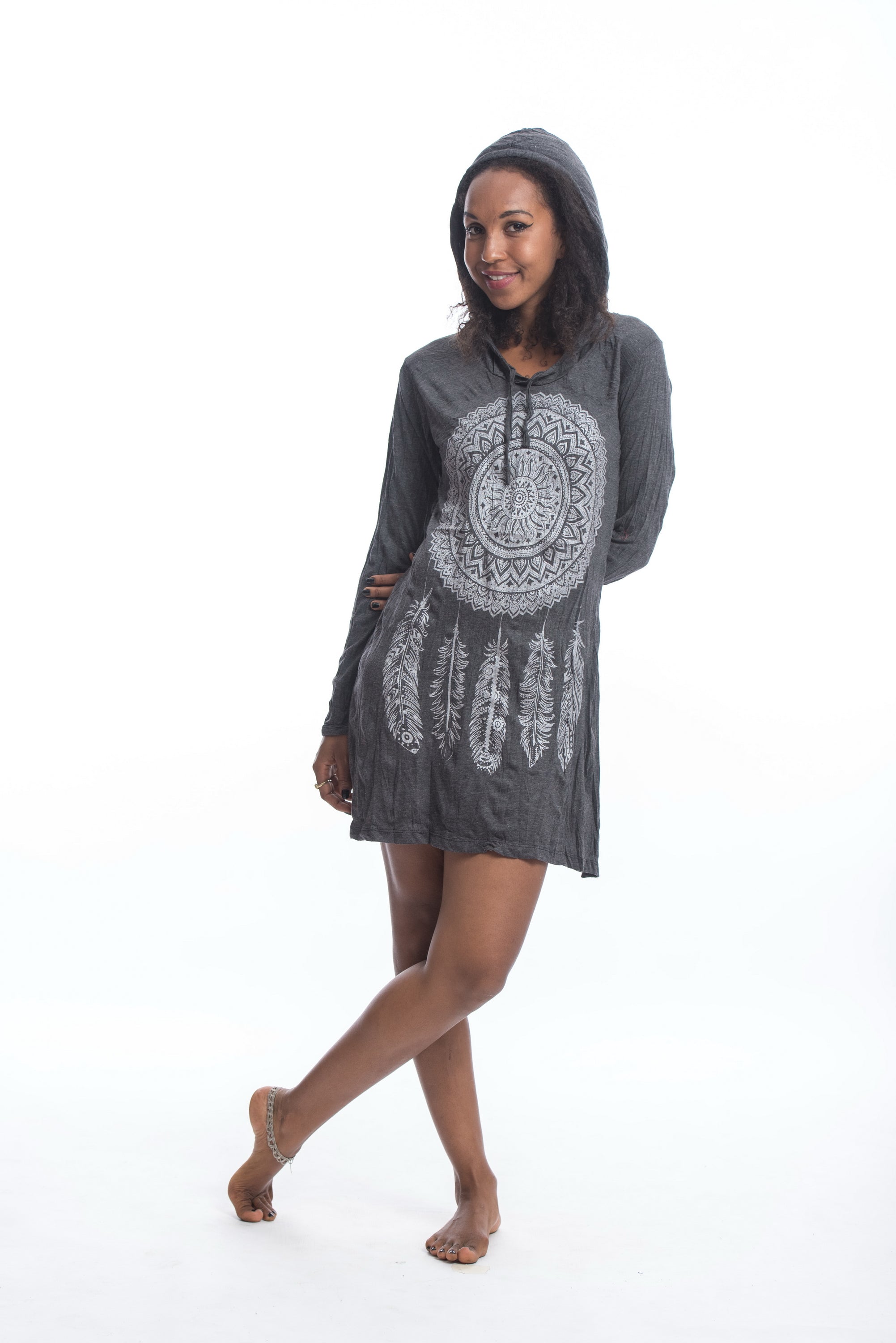 Sure Design Women's Dreamcatcher Hoodie Dress Silver on Black