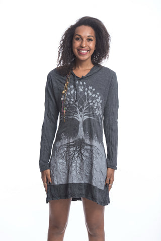 Sure Design Women's Tree of Life Hoodie Dress Silver on Black
