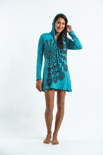 Sure Design Women's Chakra Fractal Hoodie Dress Turquoise