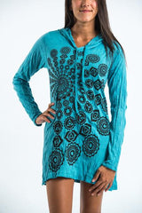 Sure Design Women's Chakra Fractal Hoodie Dress Turquoise