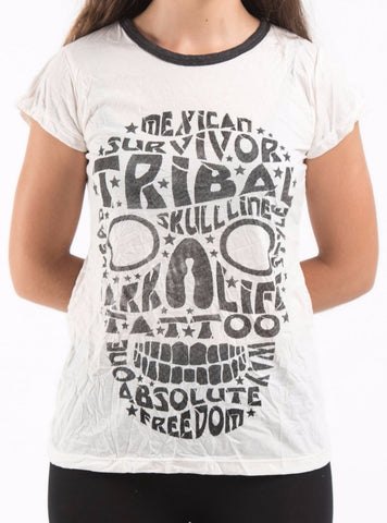 Sure Design Women's Tribal Skull T-shirt Black on White