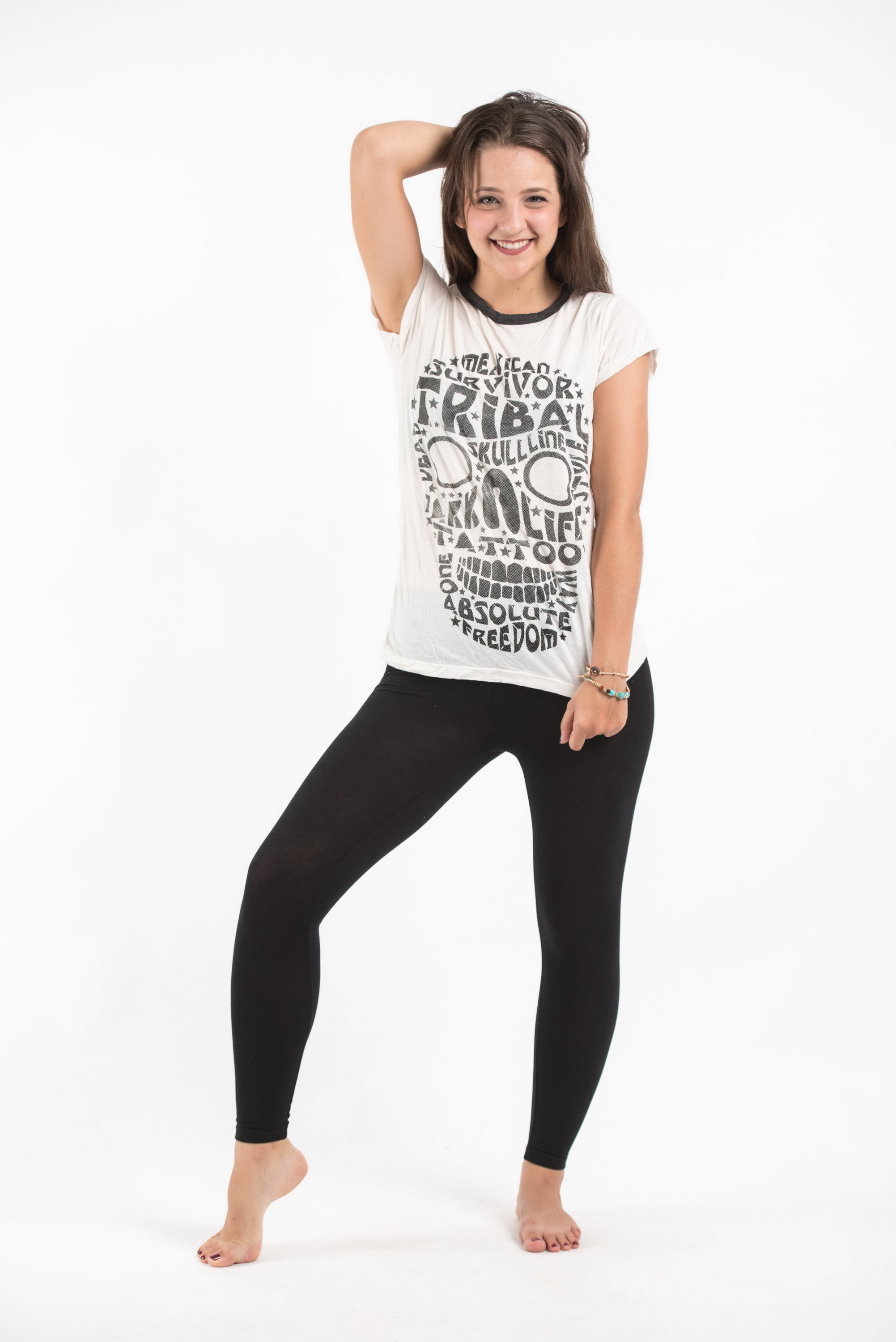 Sure Design Women's Tribal Skull T-shirt Black on White