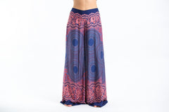 Geometric Mandalas Straight Cut Wide Leg Palazzo with Elastic Back Waistband in Blue