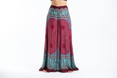 Geometric Mandalas Straight Cut Wide Leg Palazzo with Elastic Back Waistband in Red