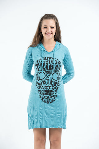 Sure Design Women's Tribal Skull Hoodie Dress Turquoise