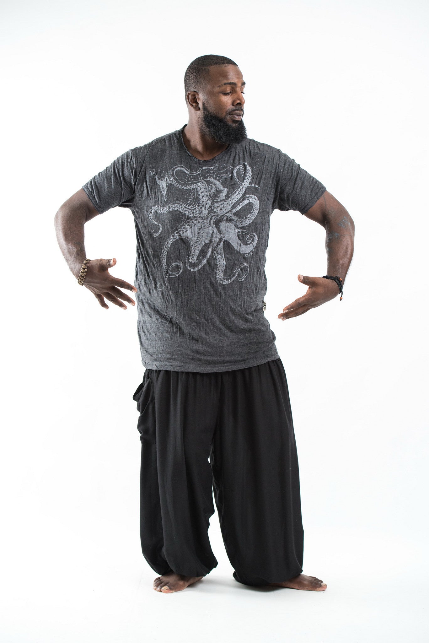 Plus Size Sure Design Men's Octopus T-Shirt Silver on Black