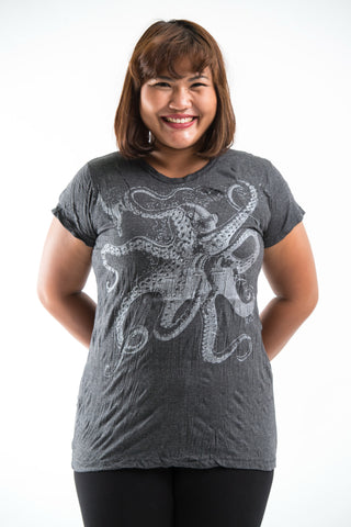 Plus Size Sure Design Women's Octopus T-Shirt Silver on Black