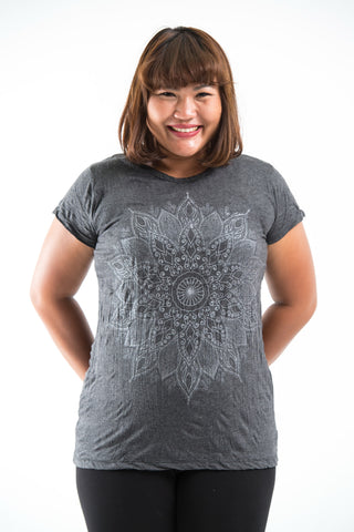 Plus Size Sure Design Women's Lotus Mandala T-Shirt Silver on Black