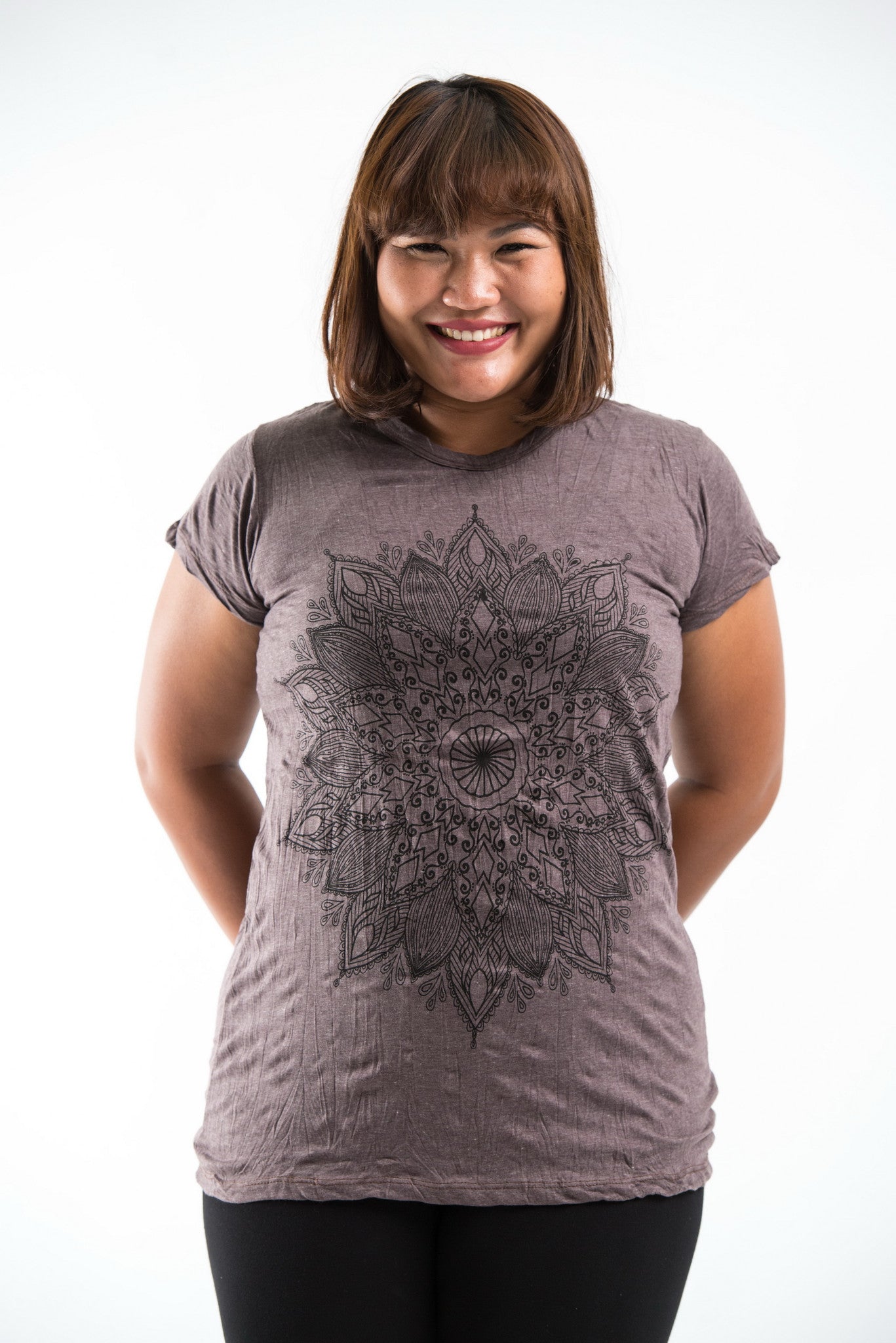 Plus Size Sure Design Women's Lotus Mandala T-Shirt Brown