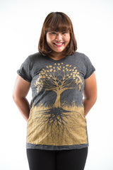 Plus Size Sure Design Women's Tree of Life T-Shirt Gold on Black