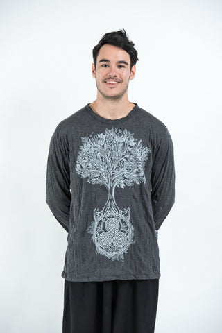 Sure Design Unisex Celtic Tree Long Sleeve T-Shirt Silver on Black