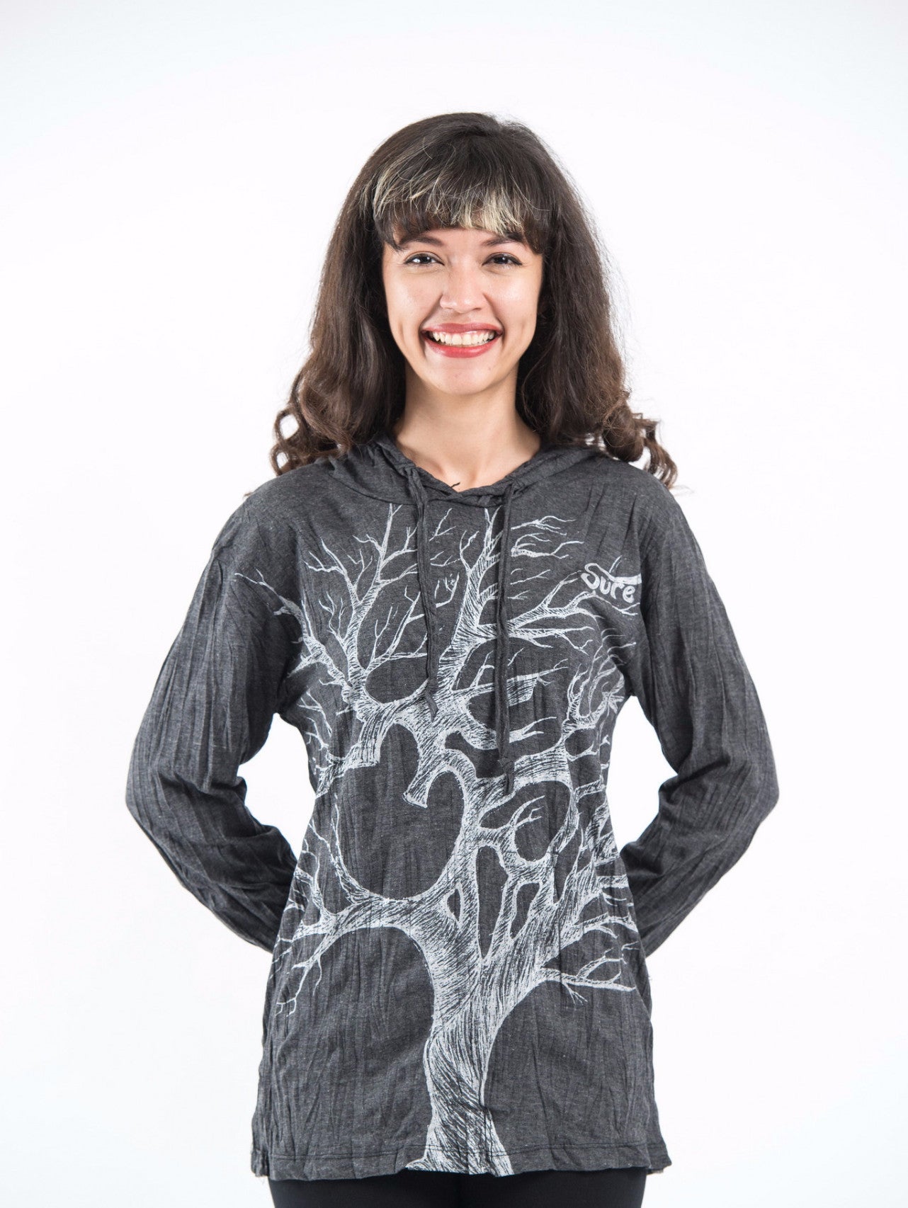 Sure Design Unisex Om Tree Hoodie Silver on Black