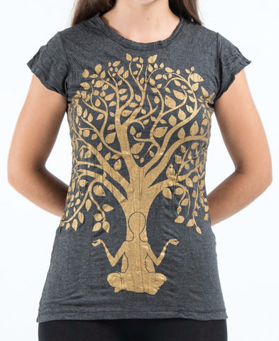 Sure Design Women's Meditation Tree T-Shirt Gold on Black