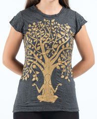 Sure Design Women's Meditation Tree T-Shirt Gold on Black