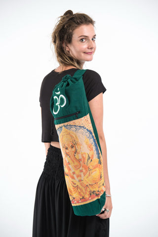 Green Embroidered Ohm + Ganesha Print Cotton & Hemp Yoga Mat Bag