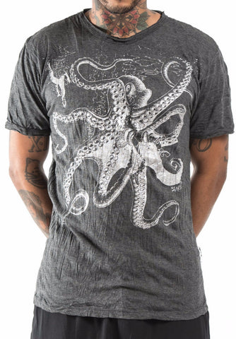 Sure Design Men's Octopus T-Shirt Silver on Black