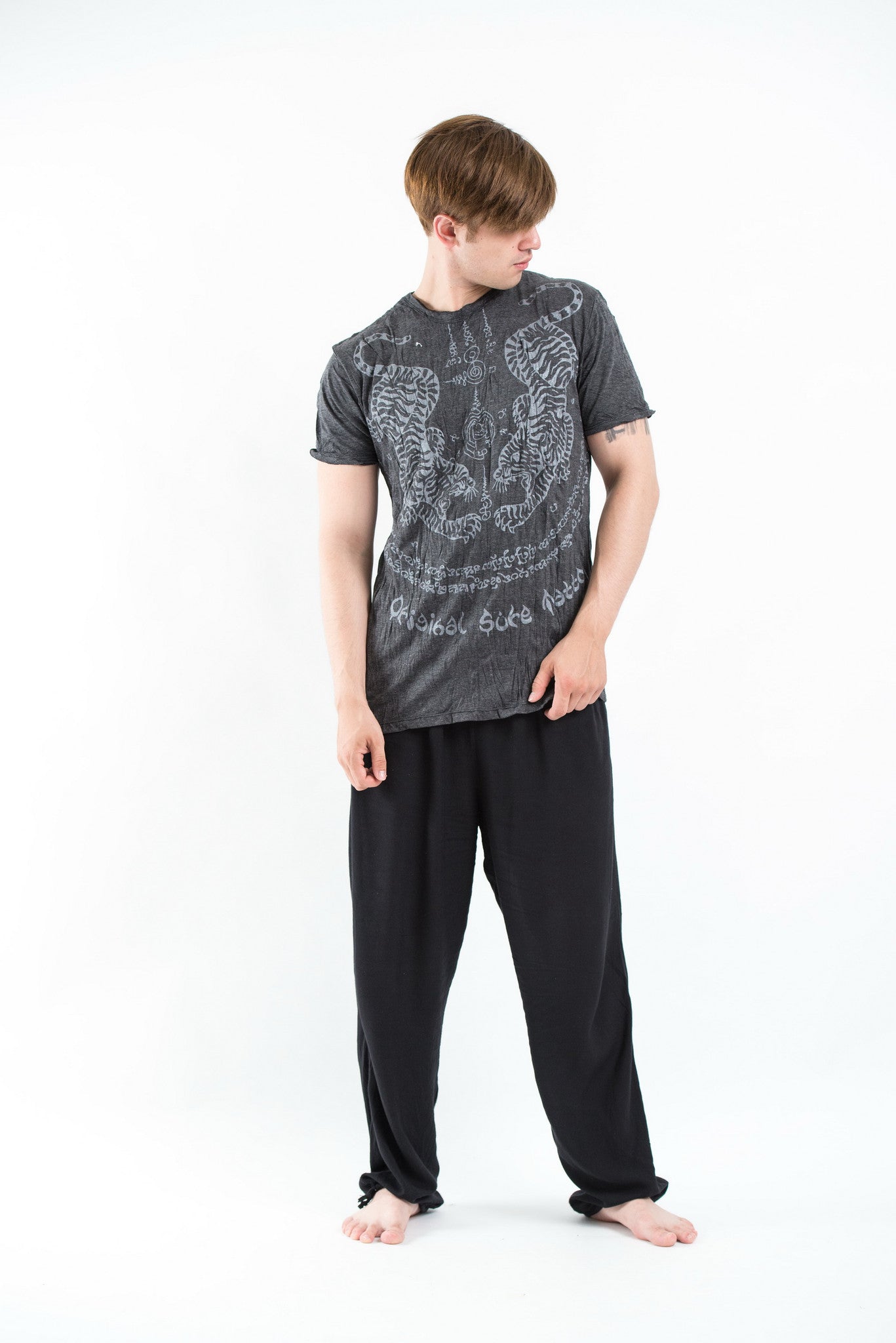 Sure Design Men's Thai Tattoo T-Shirt Silver on Black