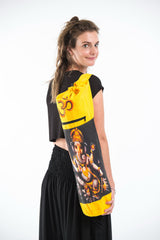Yellow Embroidered Ohm + Ganesha Print Cotton & Hemp Yoga Mat Bag