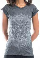 Sure Design Women's Lotus Mandala T-Shirt Silver on Black