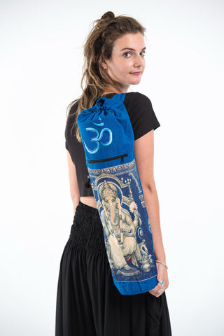 Blue Embroidered Ohm + Ganesha Print Cotton & Hemp Yoga Mat Bag