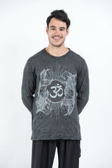 Sure Design Unisex Ohm and Koi fish Long Sleeve T-Shirt Silver on Black