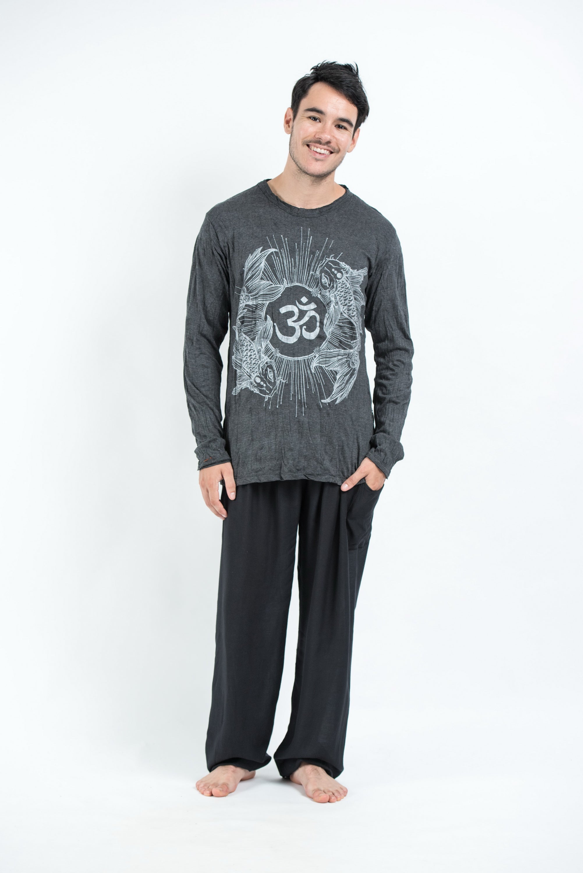 Sure Design Unisex Ohm and Koi fish Long Sleeve T-Shirt Silver on Black