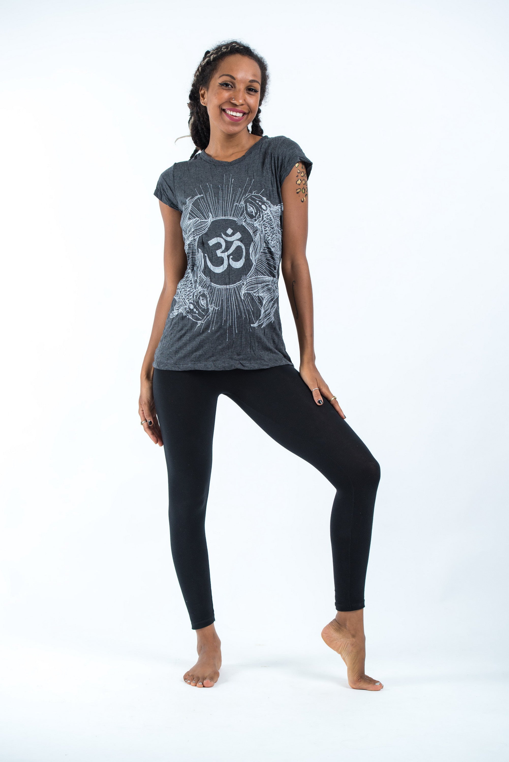 Sure Design Women's Ohm and Koi fish T-Shirt Silver on Black