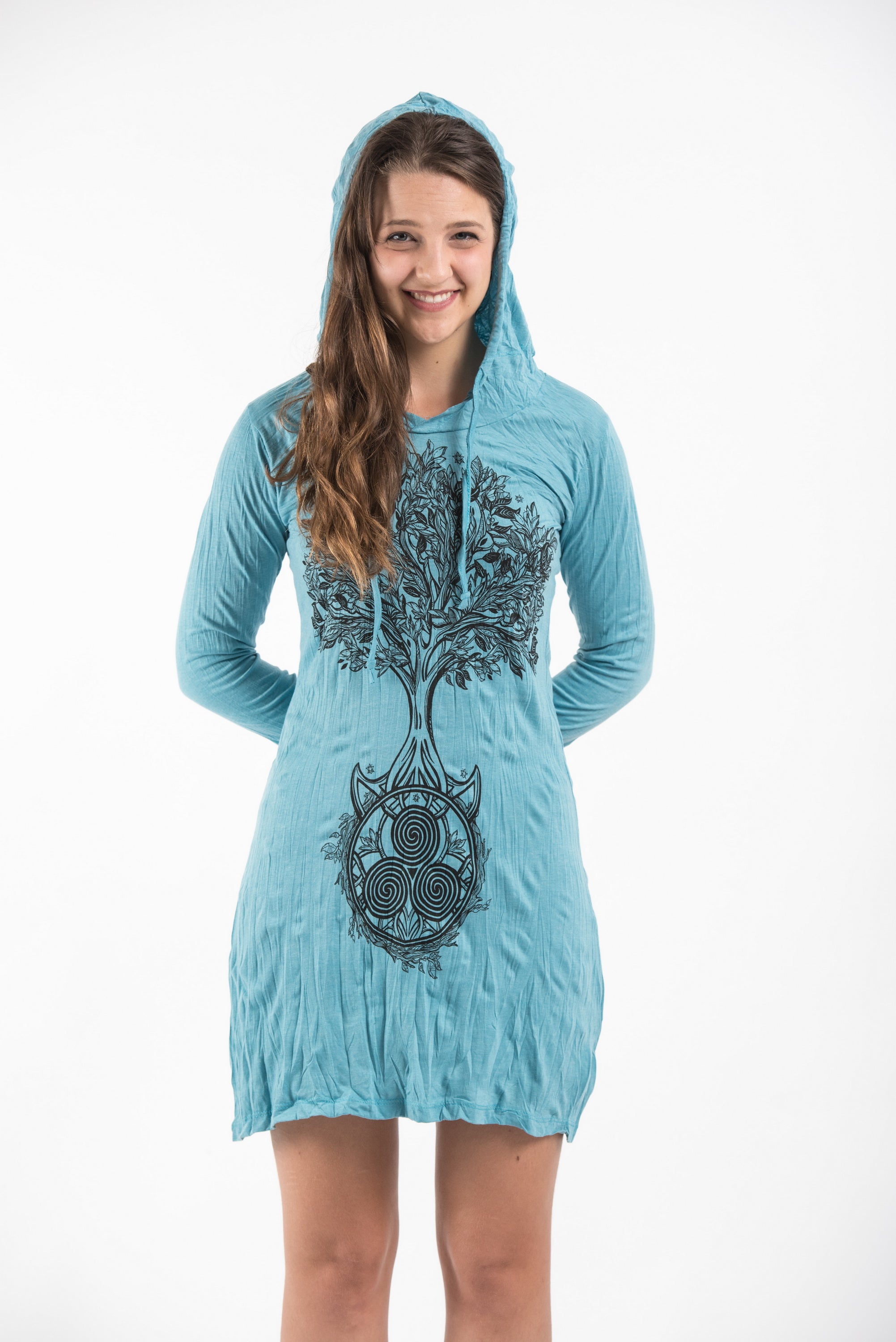 Wholesale Sure Design Women's Celtic Tree Hoodie Dress Turquoise