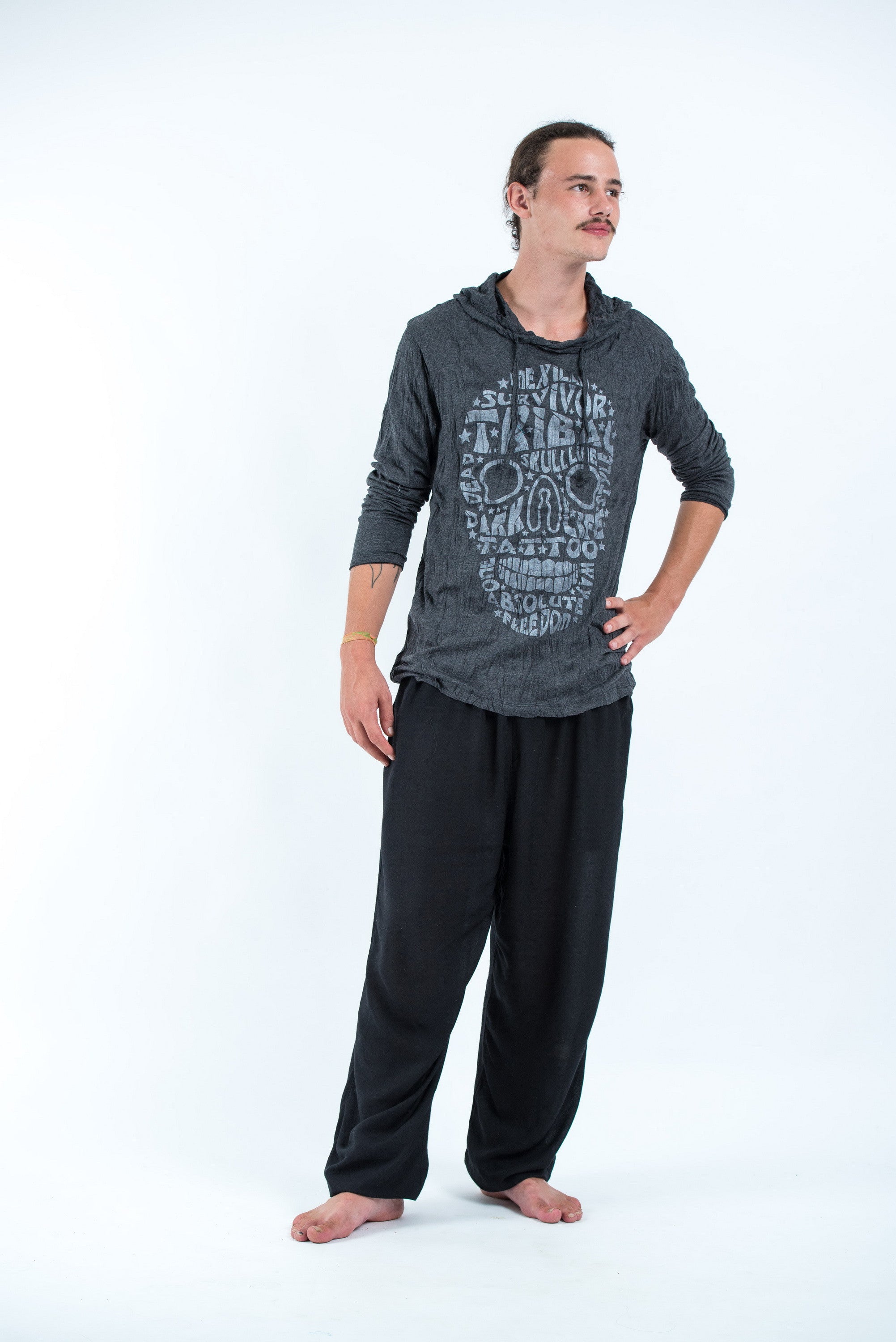 Sure Design Unisex Tribal Skull Hoodie Silver on Black