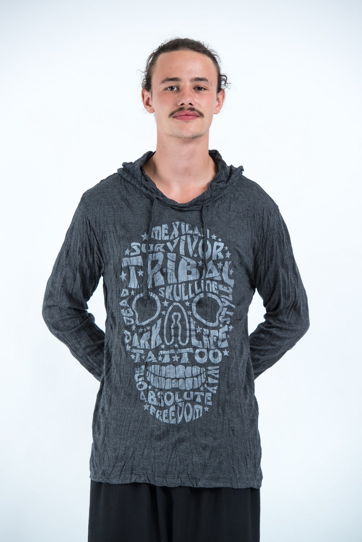 Sure Design Unisex Tribal Skull Hoodie Silver on Black
