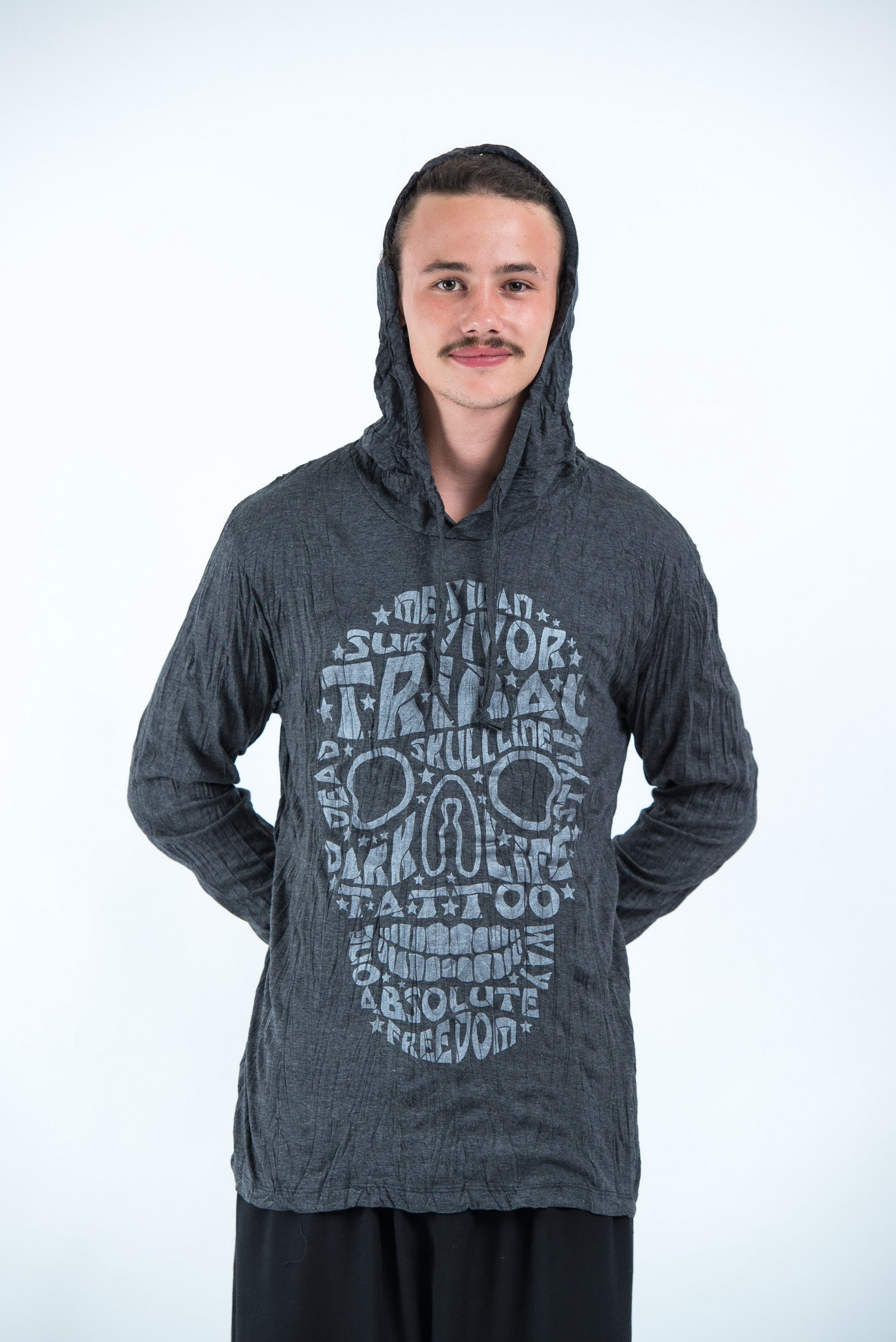 Sure Design Unisex Tribal Skull Hoodie Silver on Black