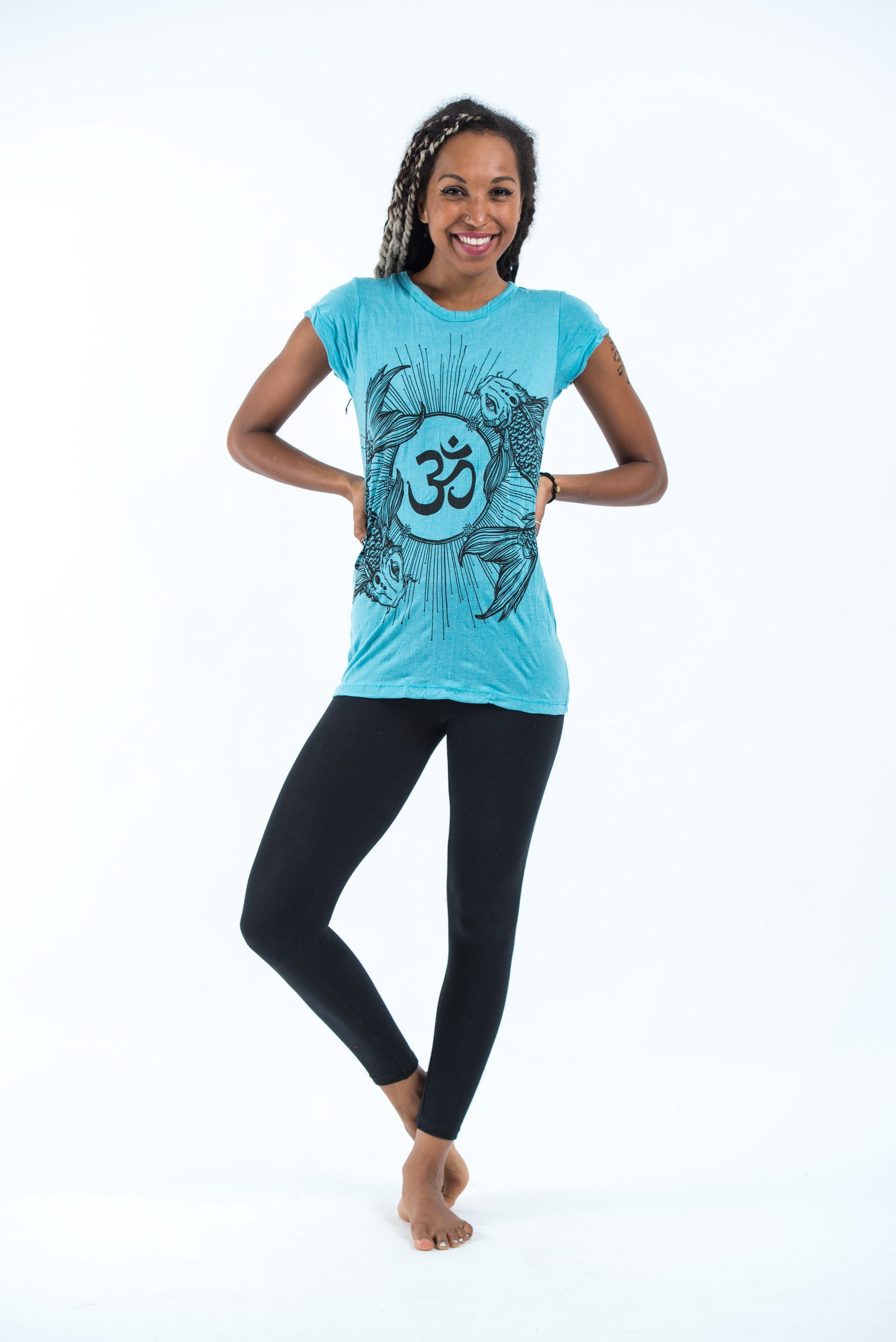 Sure Design Women's Ohm and Koi fish T-Shirt Turquoise