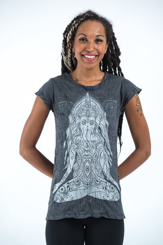 Sure Design Women's Ganesh Mantra T-Shirt Silver on Black