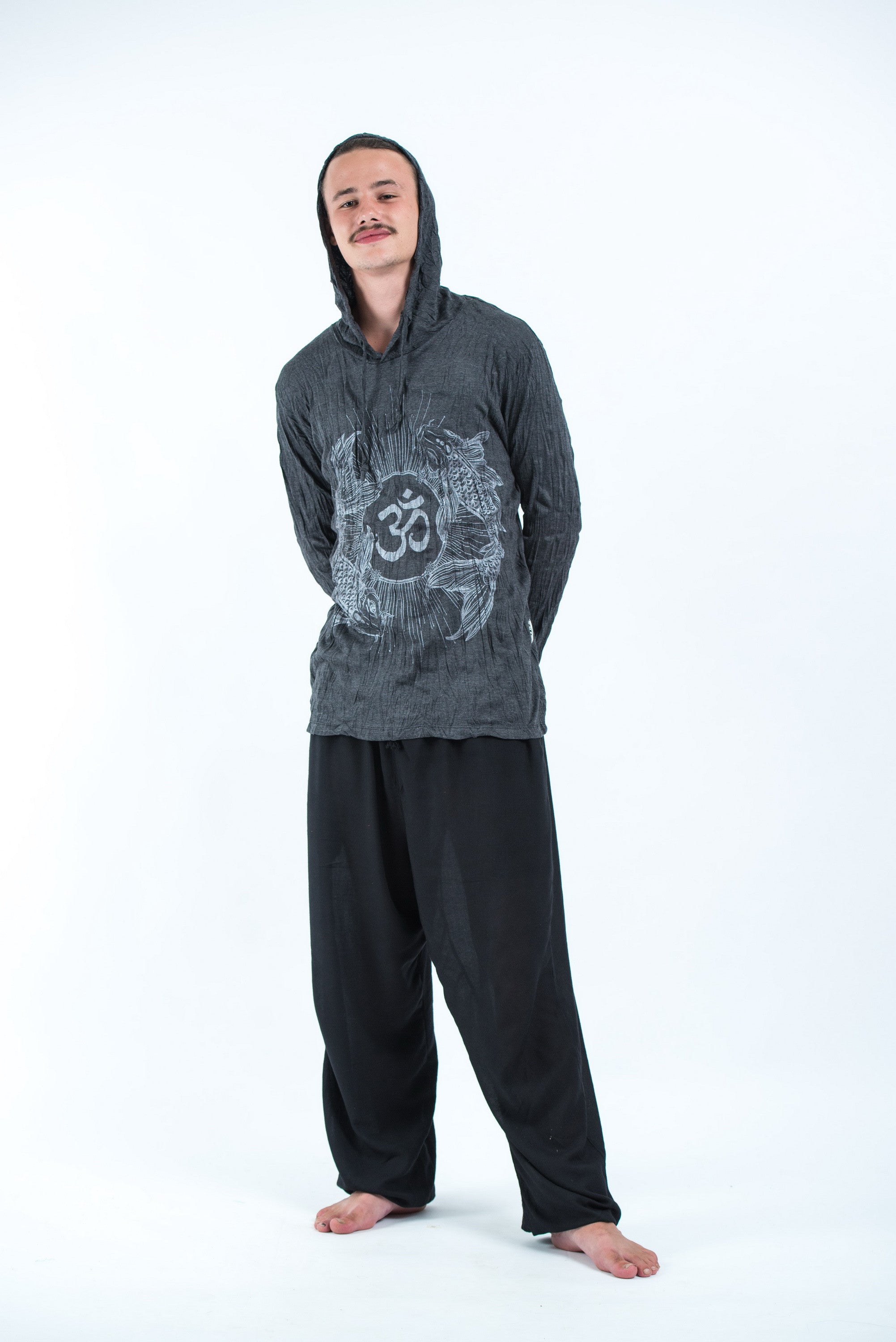 Sure Design Unisex Ohm and Koi fish Hoodie Silver on Black