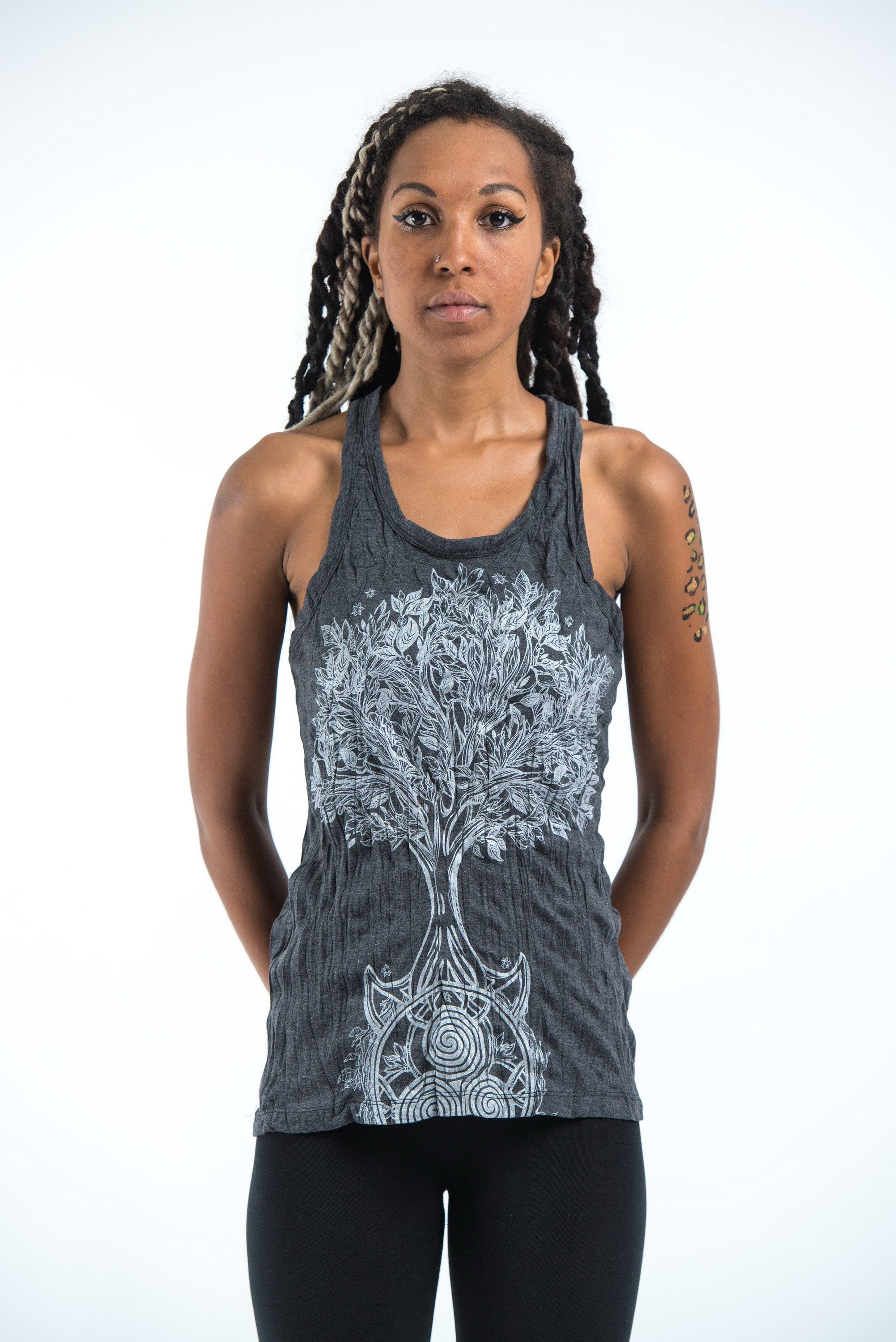 Sure Design Women's Celtic Tree Tank Top Silver on Black