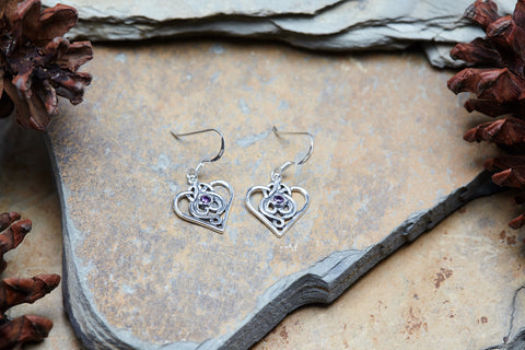 Sterling Silver Thai  Dangle Earrings Hearts With Amethyst