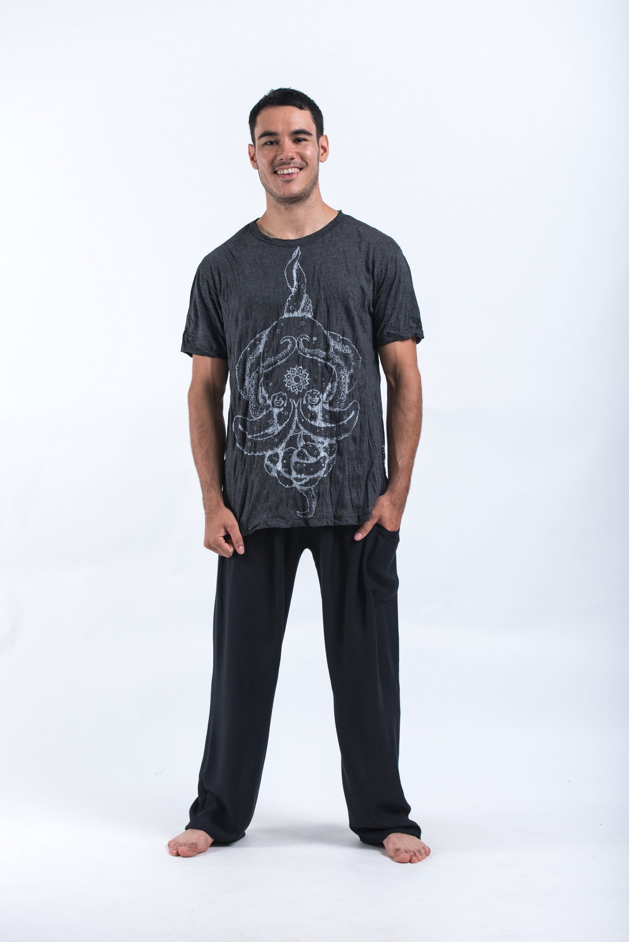 Sure Design Mens Octopus Mandala T-Shirt Silver on Black