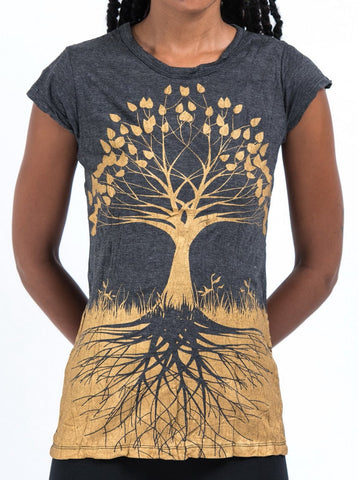 Sure Design Women's Tree of Life T-Shirt Gold on Black