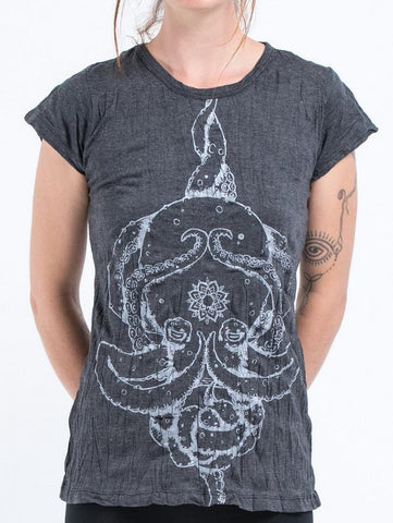 Sure Design Womens Octopus Mandala T-Shirt Silver on Black