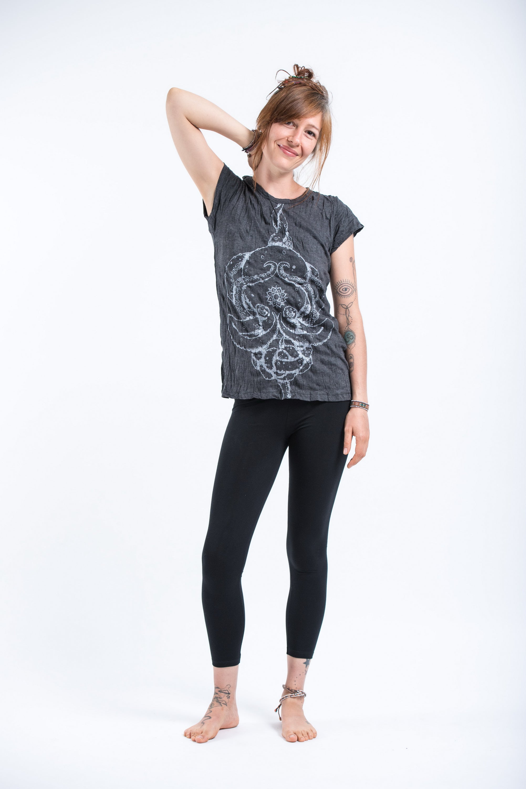 Sure Design Womens Octopus Mandala T-Shirt Silver on Black